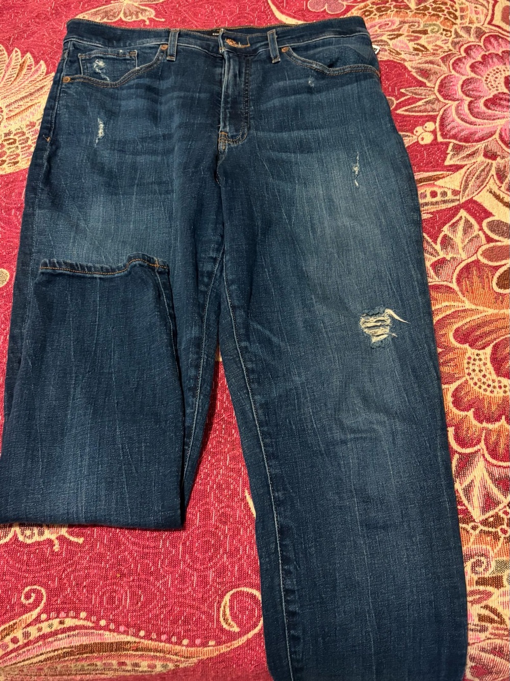 Express Dark Blue Straight Leg Women’s Jeans with Distressed Details